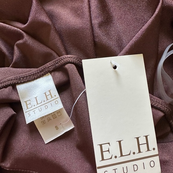 Brown Ruched Bodycon Midi Dress Sz S Spaghetti Strap Slit Wedding Cocktail Party - Picture 7 of 8